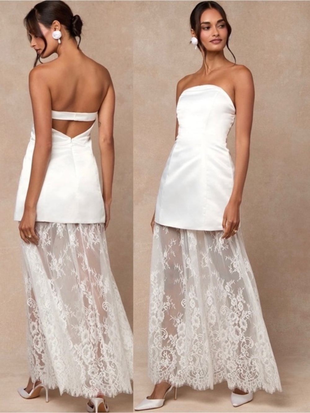 NWT Lulu’s Winslet White Satin Sheer Hem Strapless Maxi Wedding Dress XL Chic